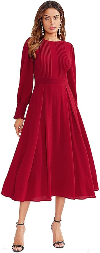 Milumia Women's Elegant Frilled Long Sleeve Pleated Fit and Flare Dress | Amazon (US)