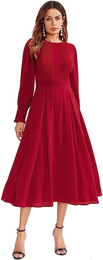 Milumia Women's Elegant Frilled Long Sleeve Pleated Fit and Flare Dress | Amazon (US)
