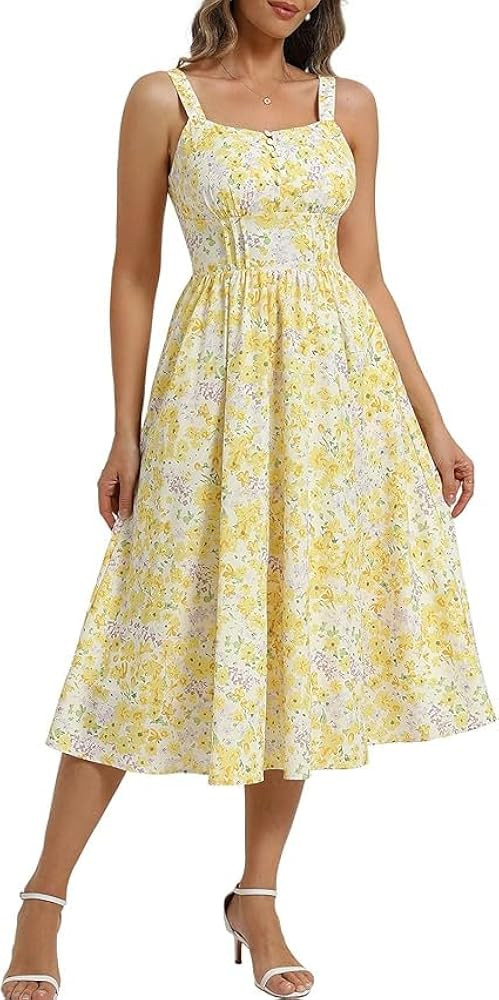 Belle Poque Women Sleeveless Square Neck Sundress Floral Print Smocked Back A Line Midi Spaghetti... | Amazon (UK)