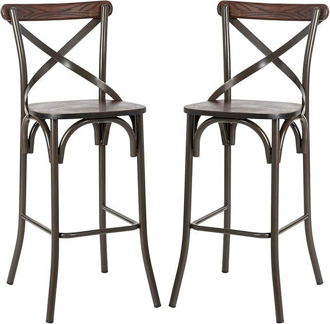 Glitzhome Set of 2 Rustic Metal Bar Stool with Solid Elm Wood Seat, Brown | Amazon (US)