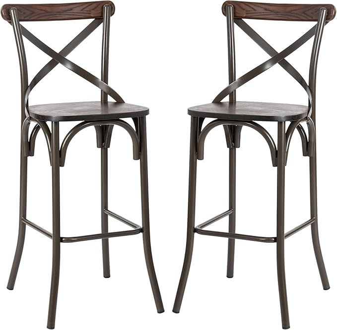 Glitzhome Set of 2 Rustic Metal Bar Stool with Solid Elm Wood Seat, Brown | Amazon (US)