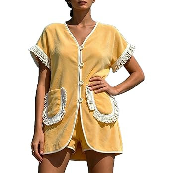 Franhais Womens 2 Piece Set Fringed Trim Vacation Outfits Short Sleeve Vneck Button Up Top Shorts... | Amazon (US)
