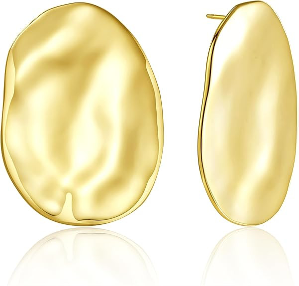 Oversized Organic-Shaped Earrings | 18K Gold Plated Large Shield Earrings Polished Statement Earr... | Amazon (US)