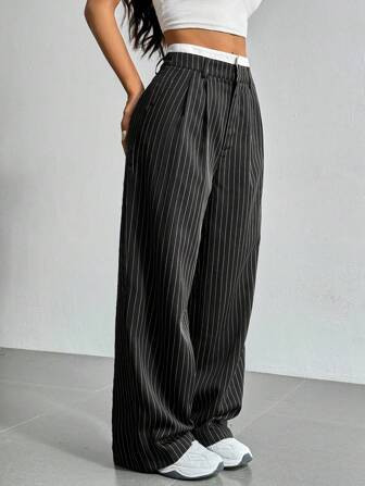 SHEIN EZwear Ladies' Casual Striped Wide-Leg Colorblock High Waist Suit Pants | SHEIN