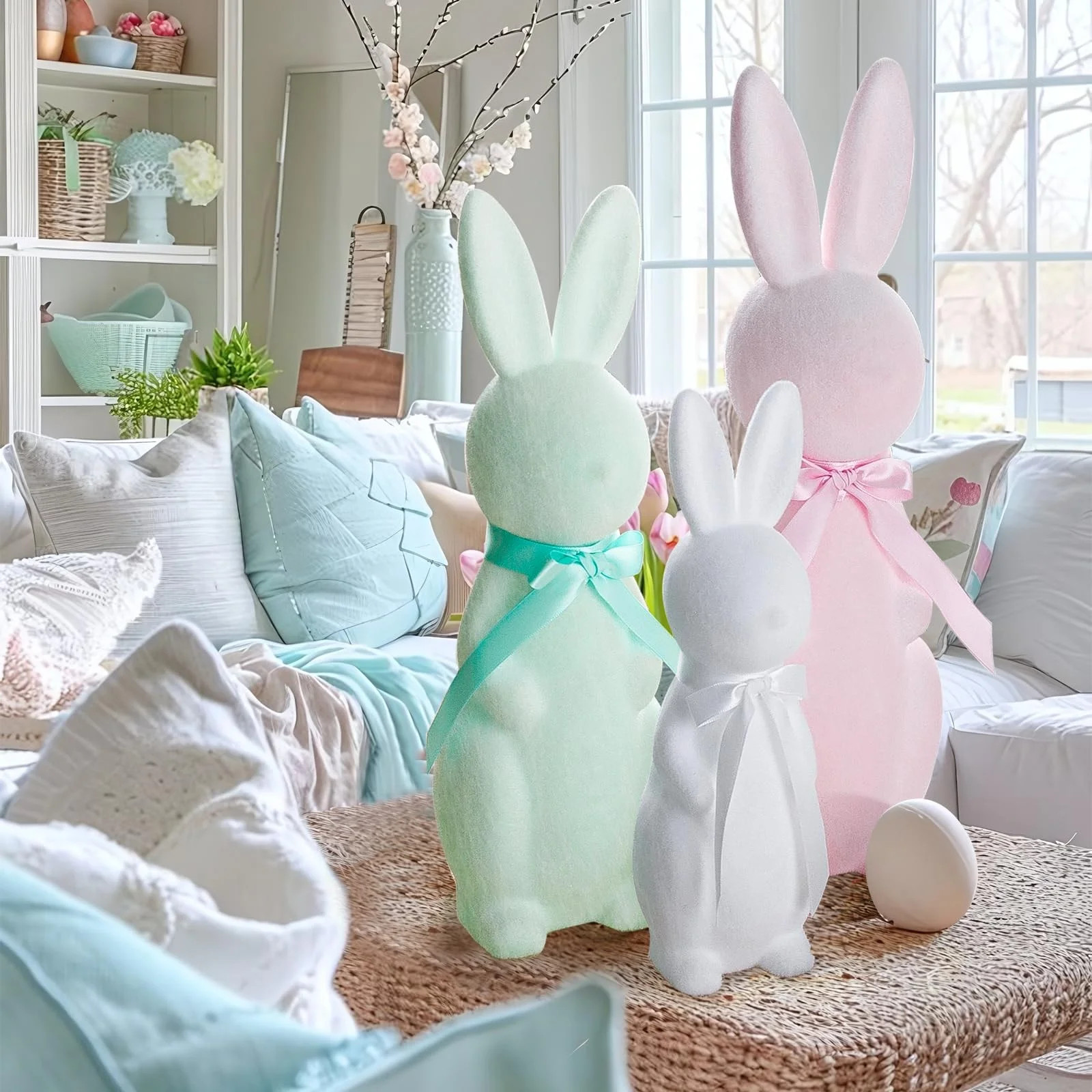 Cute Flocked Easter Bunny Decorations 3 pcs, Flocking Rabbit with Bow Tie for Spring Table Center... | Walmart (US)