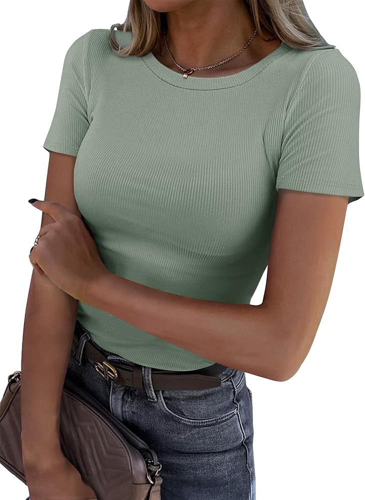 Roselux Women Crew Neck Ribbed Fitted Tight Tshirt Short Sleeve Shirt Basic Knit Top | Amazon (US)