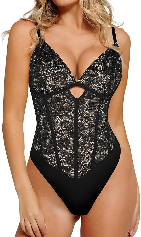 Popilush Lace Corset Bodysuit Big Bust V Neck Lace Lingerie Bodysuits for Women Tummy Control Plu... | Amazon (US)