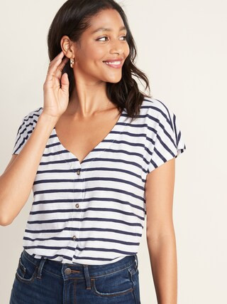 Striped Button-Front V-Neck Henley for Women | Old Navy US