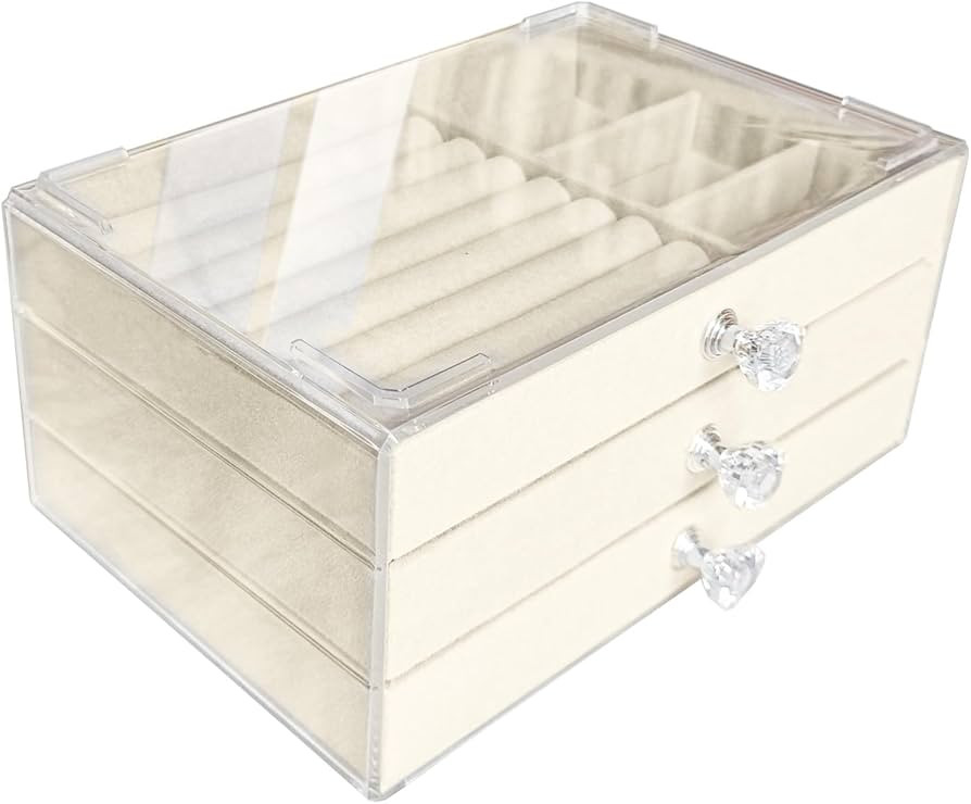 Clear Acrylic Velvet Jewelry Organizer with 3 Drawers, Stackable Display Storage Earrings Necklac... | Amazon (US)