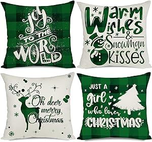 Artmag 20x20 Green Christmas Throw Pillow Covers, Decorative Outdoor Farmhouse Deer Snowman Warm ... | Amazon (US)