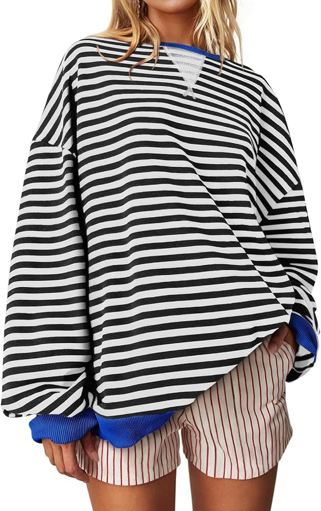UEU Women Striped Oversized Sweatshirt Color Block Crewneck Long Sleeve Pullover Top Fashion Tren... | Amazon (US)