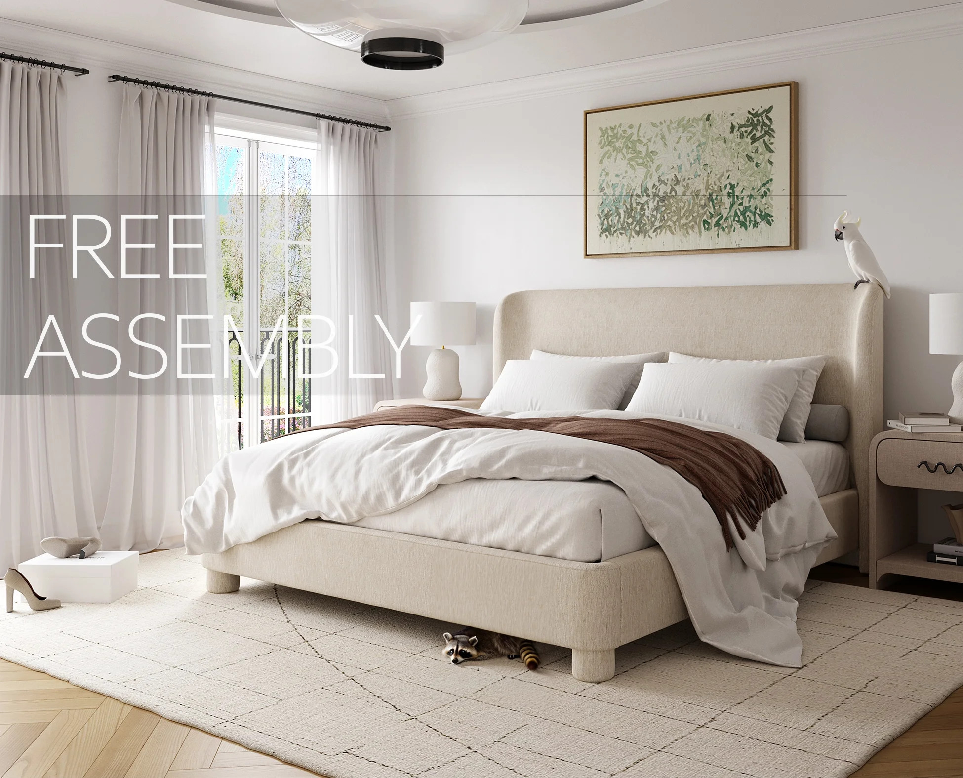 King Size Cream Bed Frame with Elegant Tall 52" Headboard Wingback, Liana Platform Upholstered in... | Walmart (US)