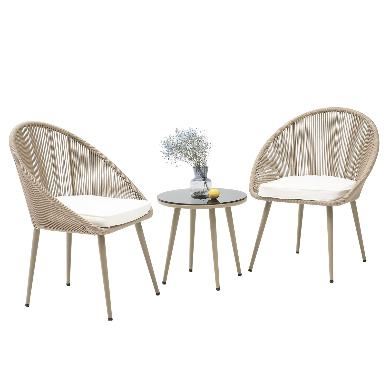 Vonzoy 3-Piece Patio Bistro Set, Outdoor All-Weather Woven Rope Furniture for Porch, Balcony w/Table | Amazon (US)