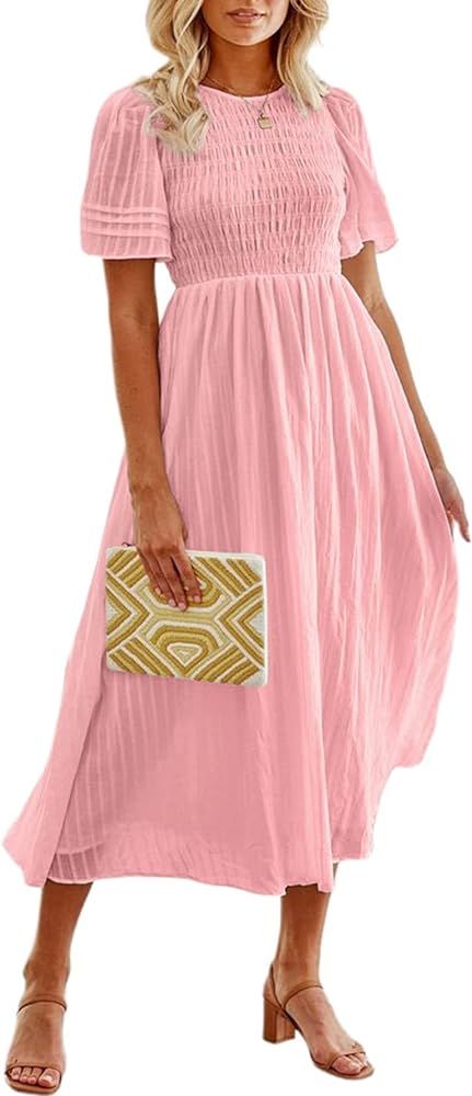 Glamaker Women's Summer Casual Short Sleeve Smocked Midi Dress Puff Sleeve A Line Flowy Midi Long... | Amazon (US)