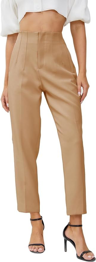 Women's High Waisted Business Trousers Straight Leg Pleated Office Slacks Pants | Amazon (US)