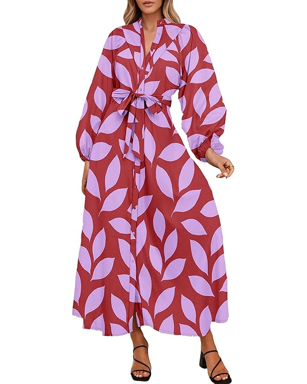 Lazysmile Maxi Dresses for Women 2025 Casual Long Sleeve Button Down Belted Boho Floral Shirt Dre... | Amazon (US)