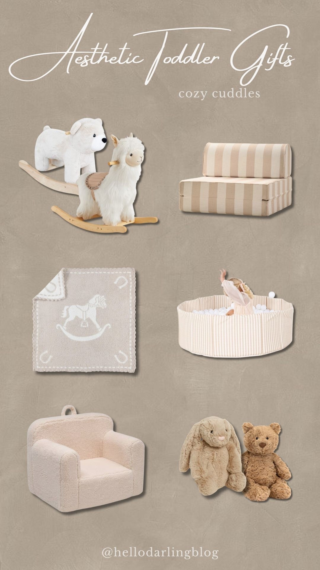 Aesthetic toddler “cozy cuddles” gift ideas that are soft, neutral, and perfect for snuggly play. Linking our favorite neutral rocking animals, toddler fold-out sofa, cozy knit blanket, soft play ball pit, plush toddler chair, and the sweetest stuffed animals for everyday comfort. All neutral and minimal, perfect for playrooms, nurseries, and calm bedtime routines. These make adorable Christmas gifts, toddler birthday ideas, and cozy essentials for ages 1–4.
#toddlermom #toddlergiftideas #aesthetickids #neutraltoys #cozykids #playroominspo #ltkhome #ltkkids #ltkgiftguide #toddlerchristmas #montessorikids 

#LTKHoliday #LTKKids #LTKGiftGuide