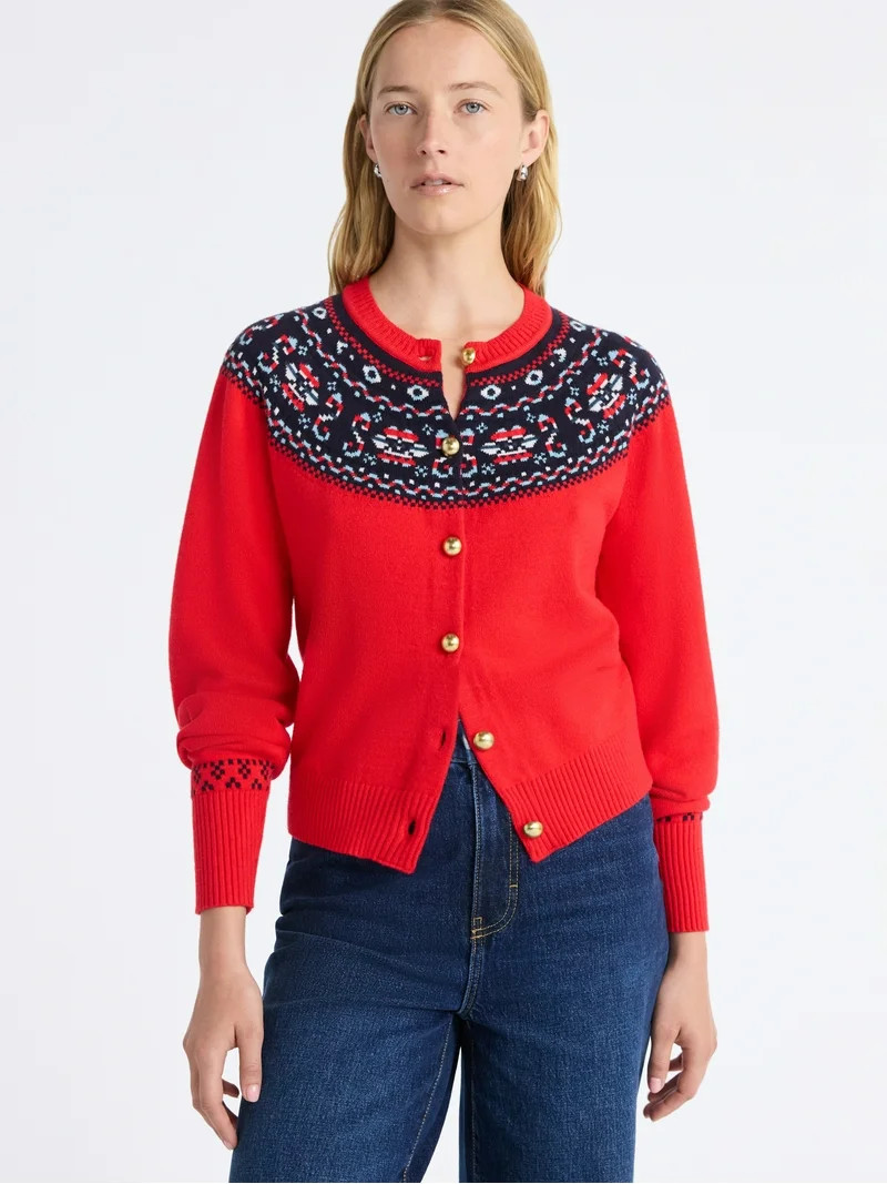 Free Assembly Women's Cozy Yarn Fair Isle Cardigan Sweater, Midweight, Sizes XS-XXL | Walmart (US)