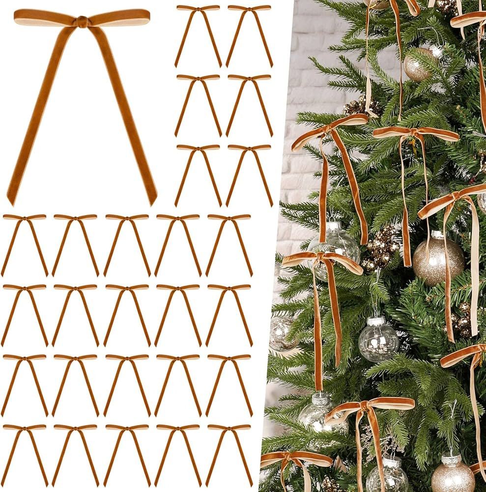 Roberly 30 Pcs Khaki Velvet Bows for Christmas Tree Wreath, Rustic Crafts Bows Vintage Velvet Gif... | Amazon (US)