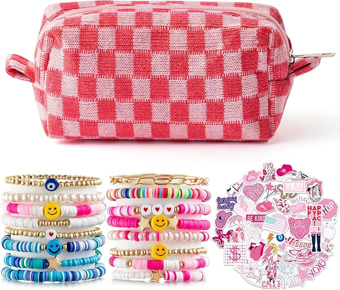 LieToi 67Pcs Checkered Cosmetic Bag Set Pink Knitted Toiletry Makeup Bag Preppy Heishi Surfer Bra... | Amazon (US)