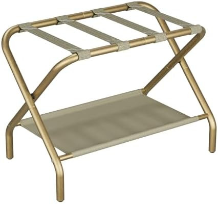 Smuxee Gold Luggage Rack, Foldable Suitcase Stand with Fabric Storage Shelf, Luggage Holder with ... | Amazon (US)