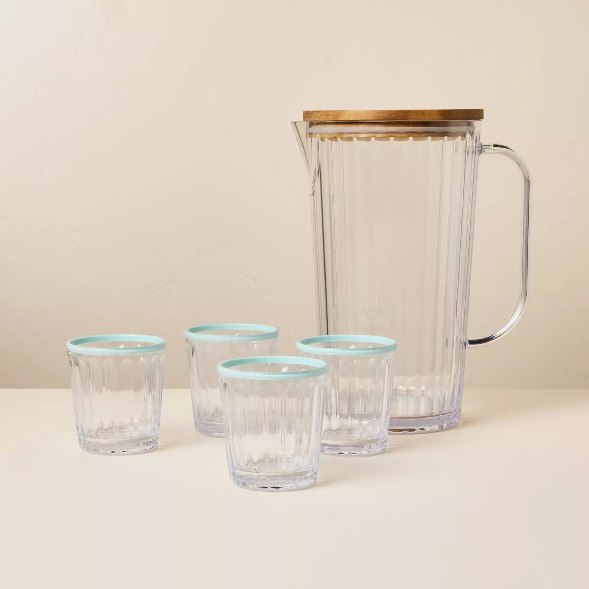 6pc Ribbed Plastic Pitcher and Glass Serving Set Clear/Blue - Hearth & Hand™ with Magnolia | Target
