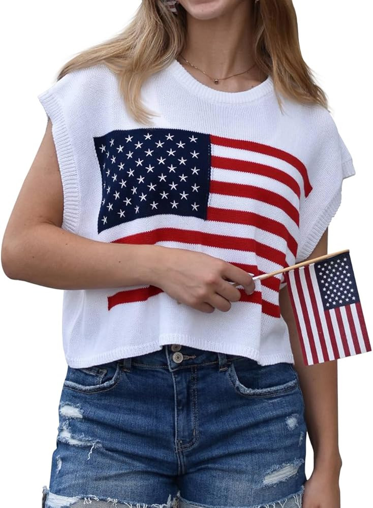 Womens American Flag Sweater Cap Sleeve Summer Crop Tops Crew Neck Loose Fit Knit Sweater Pullove... | Amazon (US)