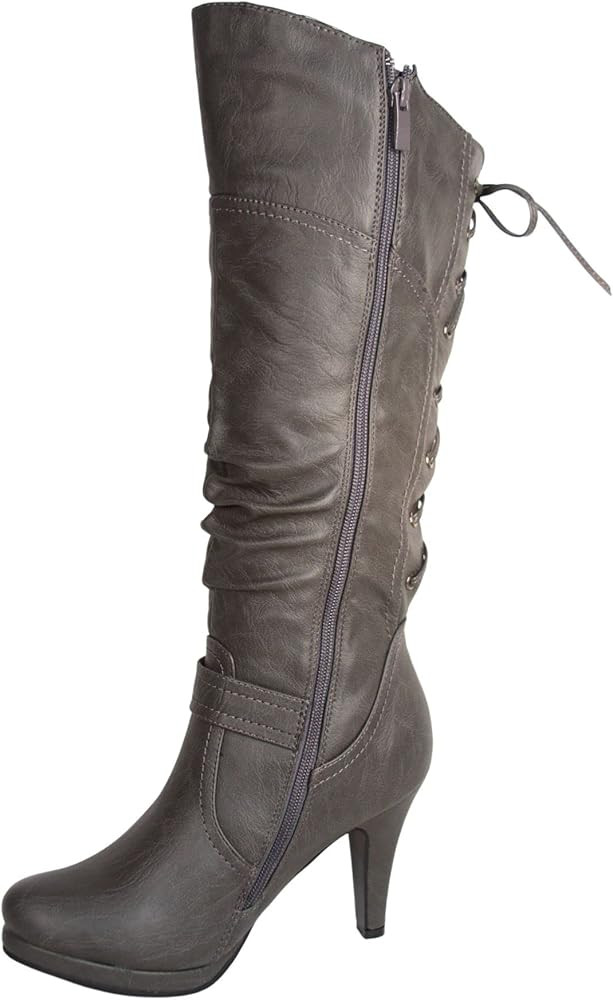 TOP Moda Womens Page-65 Knee High Round Toe Lace-Up Slouched High Heel Boots | Amazon (US)