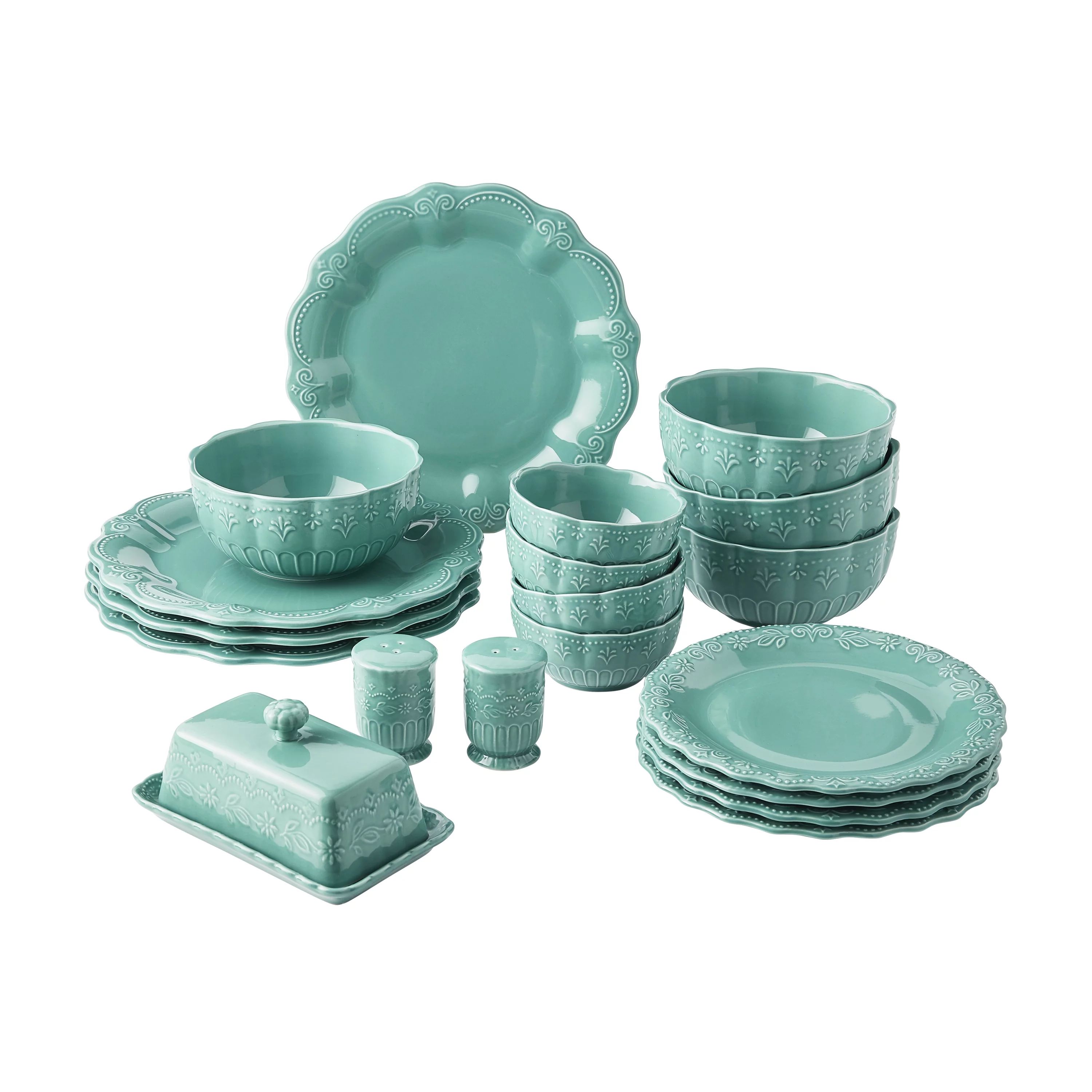 The Pioneer Woman 20-Piece Ceramic Toni Dinnerware Set, Teal - Walmart.com | Walmart (US)