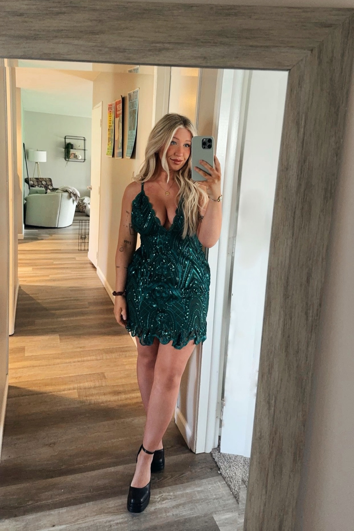 Bejeweled bachelorette party dress! Emerald green dress from pretty little thing size USA size 6! Could’ve gotten a 4 though. Shoes were wild fable Bianca heels but they are no longer sold:( linked the heels I actually wore out in Vegas even though I’m not wearing them in picture! 💚🌿

#LTKParties #LTKxNSale