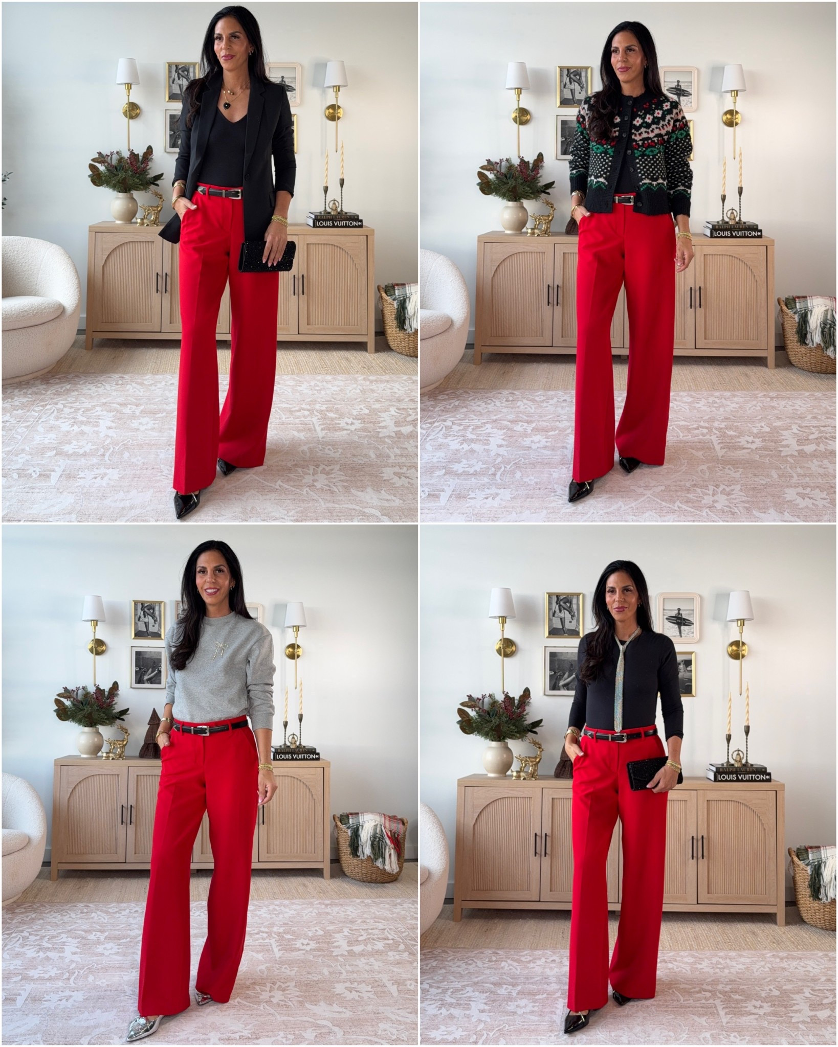 Holiday Red pants from express, styled 4 ways! 
Wearing a 2 long 
Tops are all a small 
Blazer small 