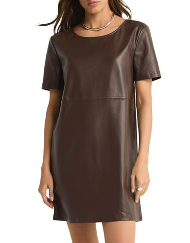 SCOFEEL Women's Faux Leather Mini Dress Short Sleeve Leather Tunic Dress A-Line Leather Shift Dress Coffee | Amazon (US)