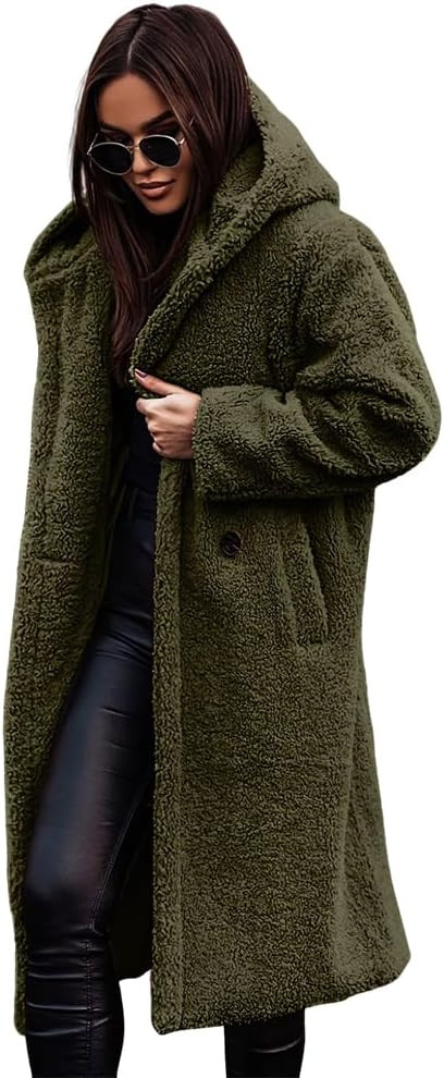 Akivide Women Winter Coat Hooded Fuzzy Fleece Warm Button Down Long Warm Outwear Jackets with Poc... | Amazon (US)