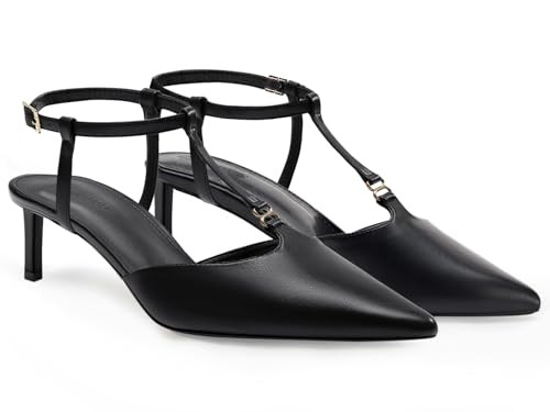 Coutgo Womens Kitten Heels T Strap Closed Pointed Toe Pumps Low Heel Ankle Strap Comfortable Dress Shoes, Black, Size 5.5 | Amazon (US)