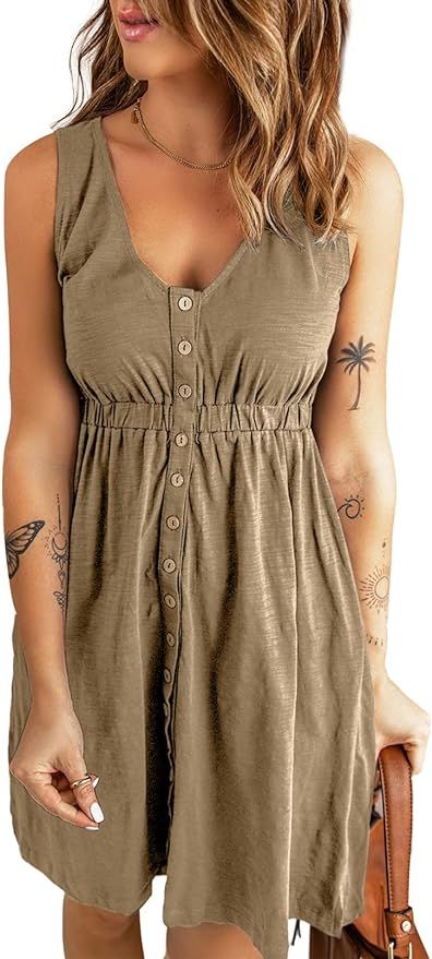 BLENCOT Women's Casual V Neck Sleeveless Button Down Dress Summer Elastic Waist A-Line Swing Tank... | Amazon (US)