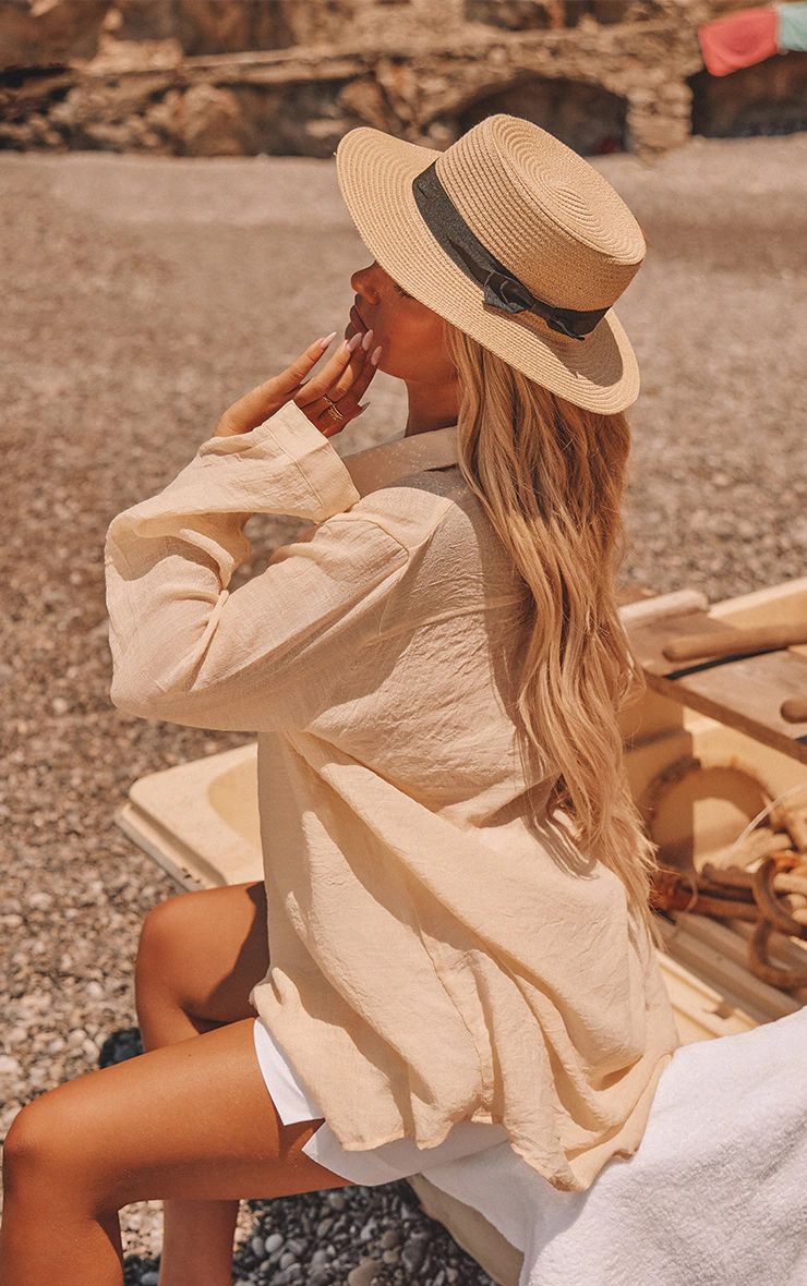 Cream Linen Look Oversized Beach Shirt | PrettyLittleThing US