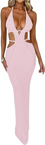 Women Sexy Crochet Maxi Dress Cut Out Halter V Neck Backless Knit Bodycon Long Dress Summer Beach Evening Party Dresses Pink | Amazon (US)