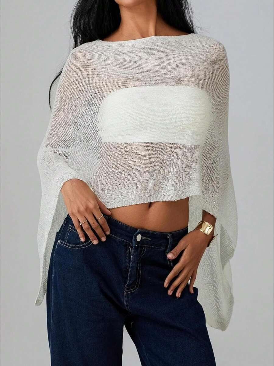 LocalWomen Sheer Knit Crochet Poncho Top Mesh Off Shoulder Shrug Summer Asymmetrical Shawl See Th... | SHEIN