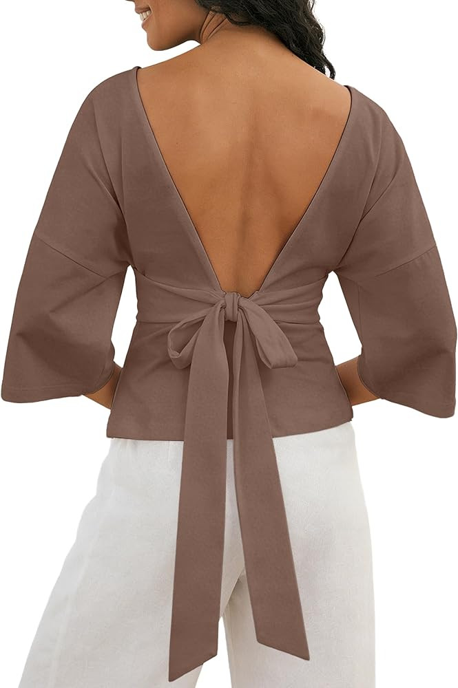 Backless Tops for Women Summer Casual Office 3/4 Sleeve Tie Back Blouse Soft Elegant Date Night S... | Amazon (US)