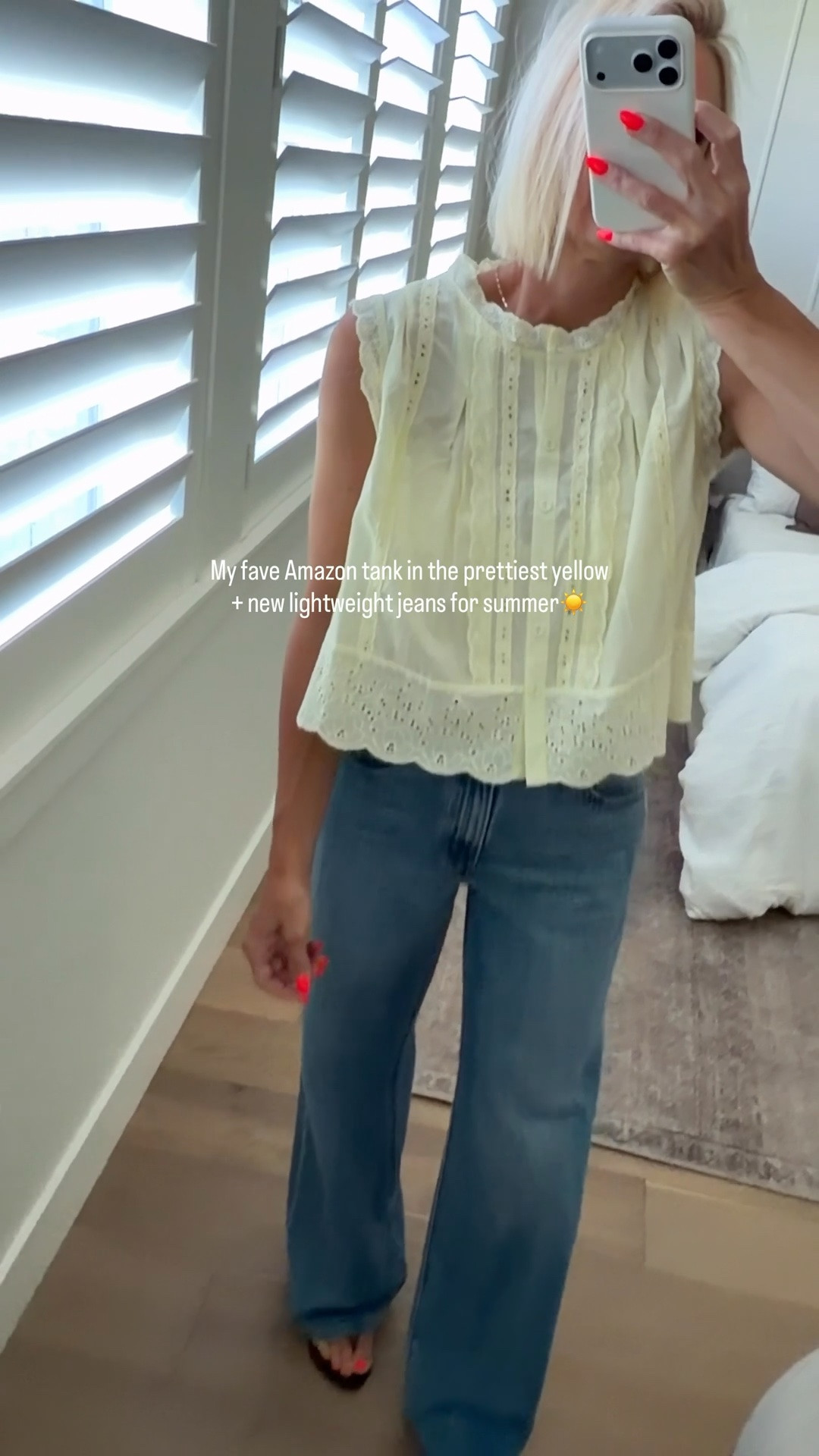 Easy breezy summer outfit — my fave eyelet Amazon tank is this pretty yellow and lightweight cinch waist jeans that are made for summer!
Both fit tts!
Wearing a medium in top and 27 in jeans

#LTKmomlife #LTKOver40 #LTKootd