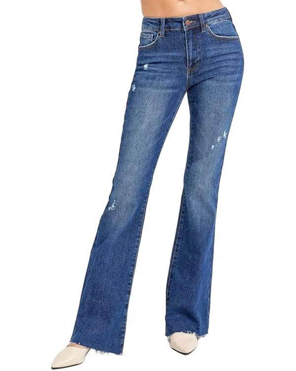 Risen Distressed Mid Rise Long 34" Inseam Flare Jeans- Ivory Gem | Amazon (US)