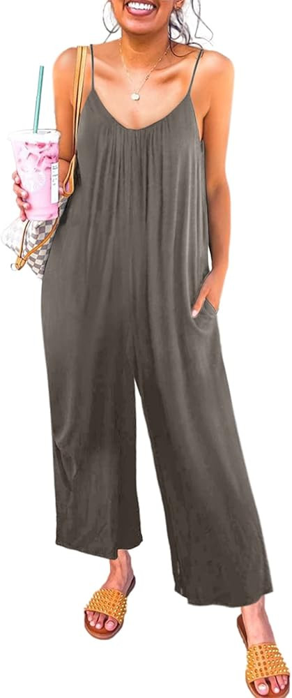 Happy Sailed Women's Casual Sleeveless Front Button Loose Jumpsuits Stretchy Long Pants Romper with  | Amazon (US)