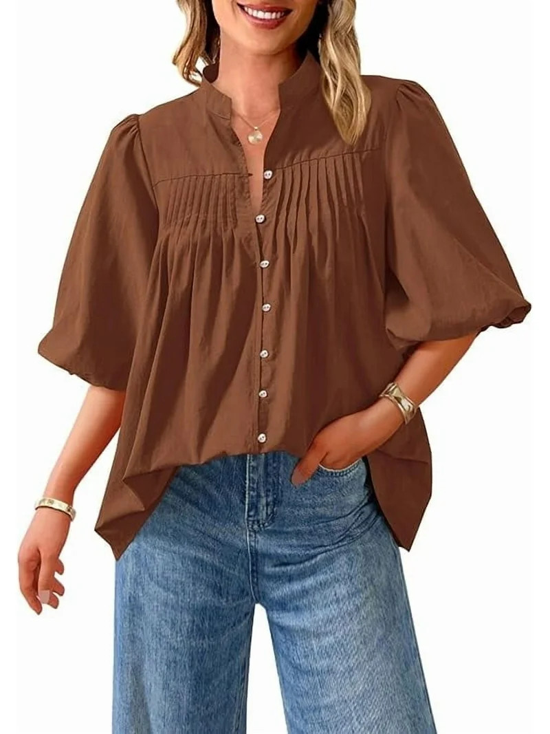 PRETTYGARDEN Women's Summer Short Lantern Sleeve Tops Loose Fit Button Down Shirt Casual Pleated ... | Walmart (US)