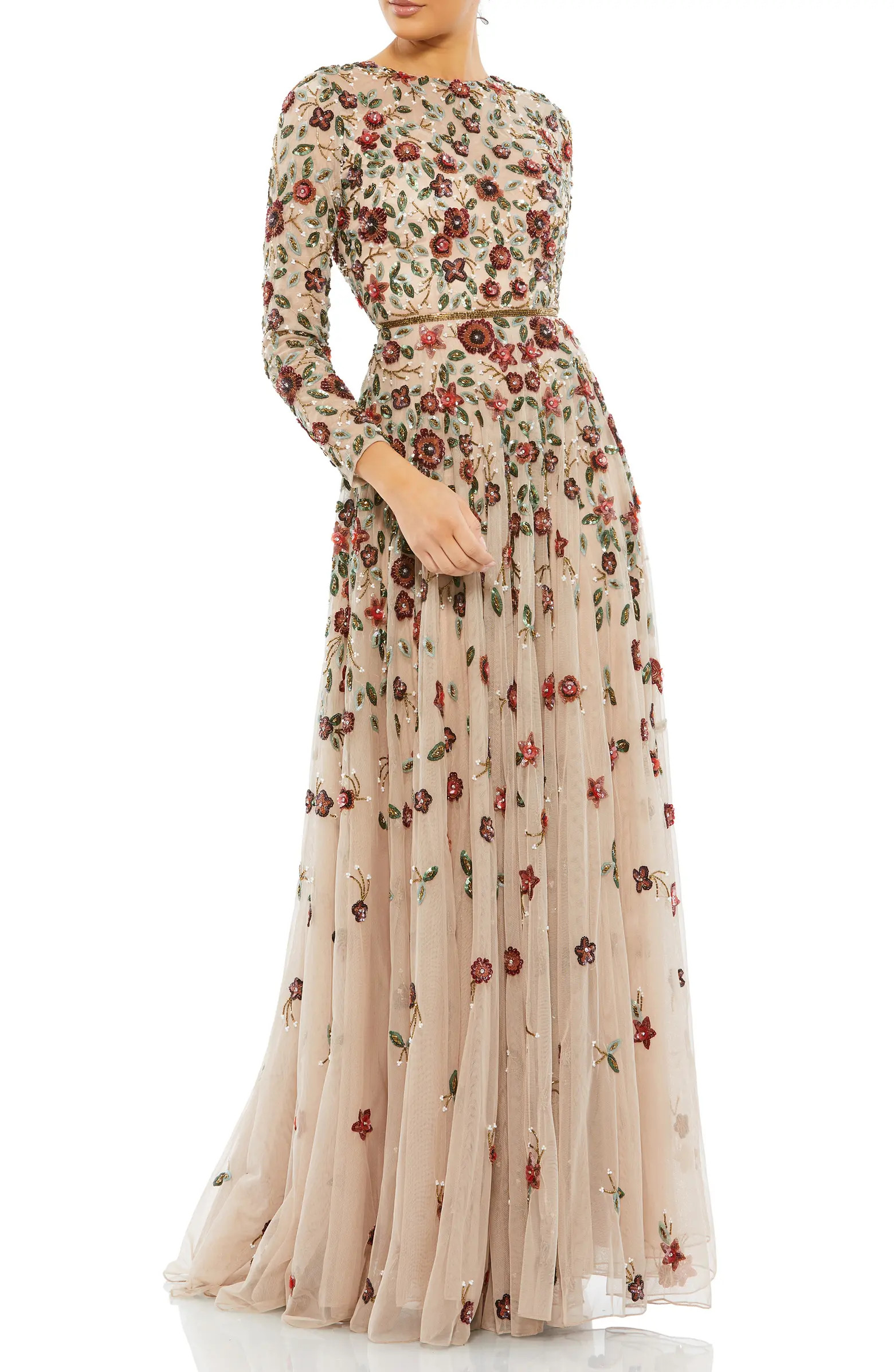 Floral Sequin Long Sleeve A-Line Gown | Nordstrom