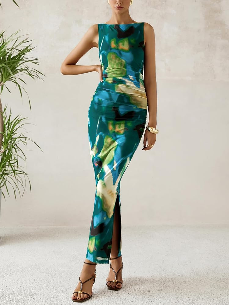 MASCOMODA Womens Bodycon Summer Dresses 2025 Sleeveless Floral Mesh Maxi Dress Side Slit Ruched L... | Amazon (US)