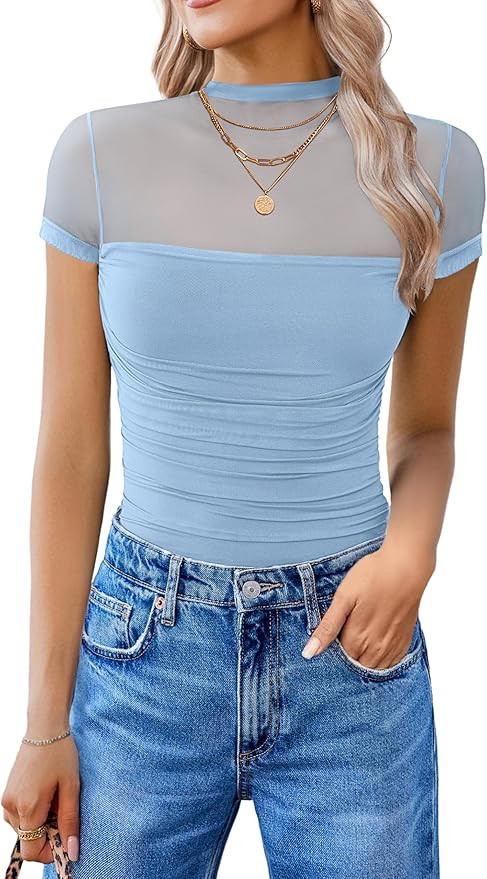 Avidlove Women's Short Sleeve Bodysuit Turtle Neck Body Suits Mesh One Piece Leotard Going Out To... | Amazon (US)