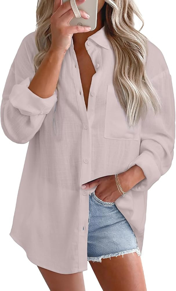 Astylish Women 2026 Loose Fit Tops Cotton Linen Button Down Shirts Collared Roll Up Long Sleeve V... | Amazon (US)