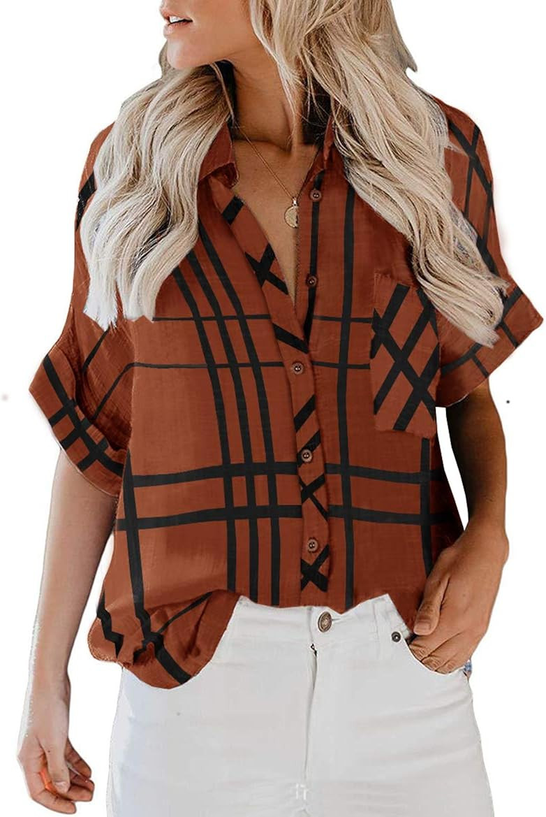 ZC&GF Women's Long Sleeve V-Neck Stripes Casual Blouses Pocket Button Down Shirt Tops | Amazon (US)