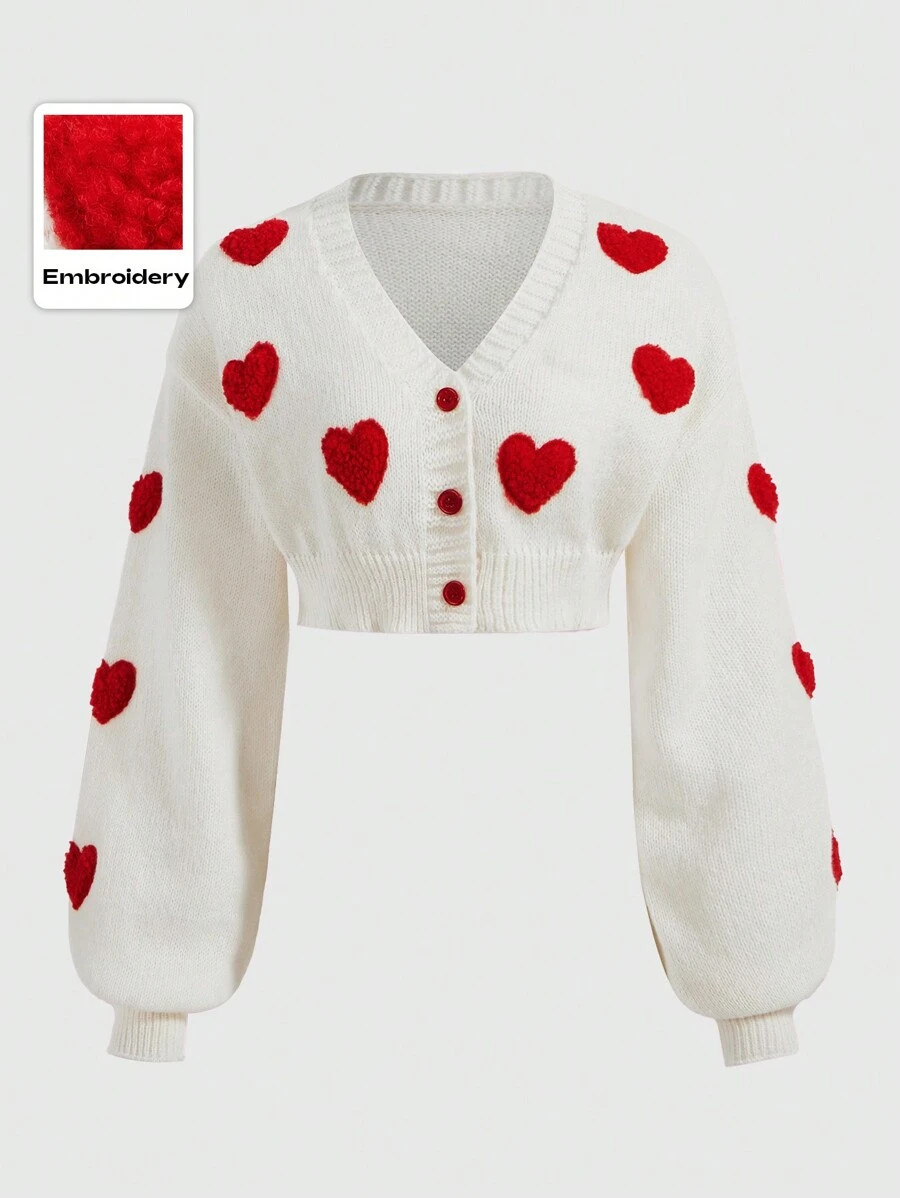 ROMWE Kawaii Heart Pattern Crop Cardigan, School | SHEIN
