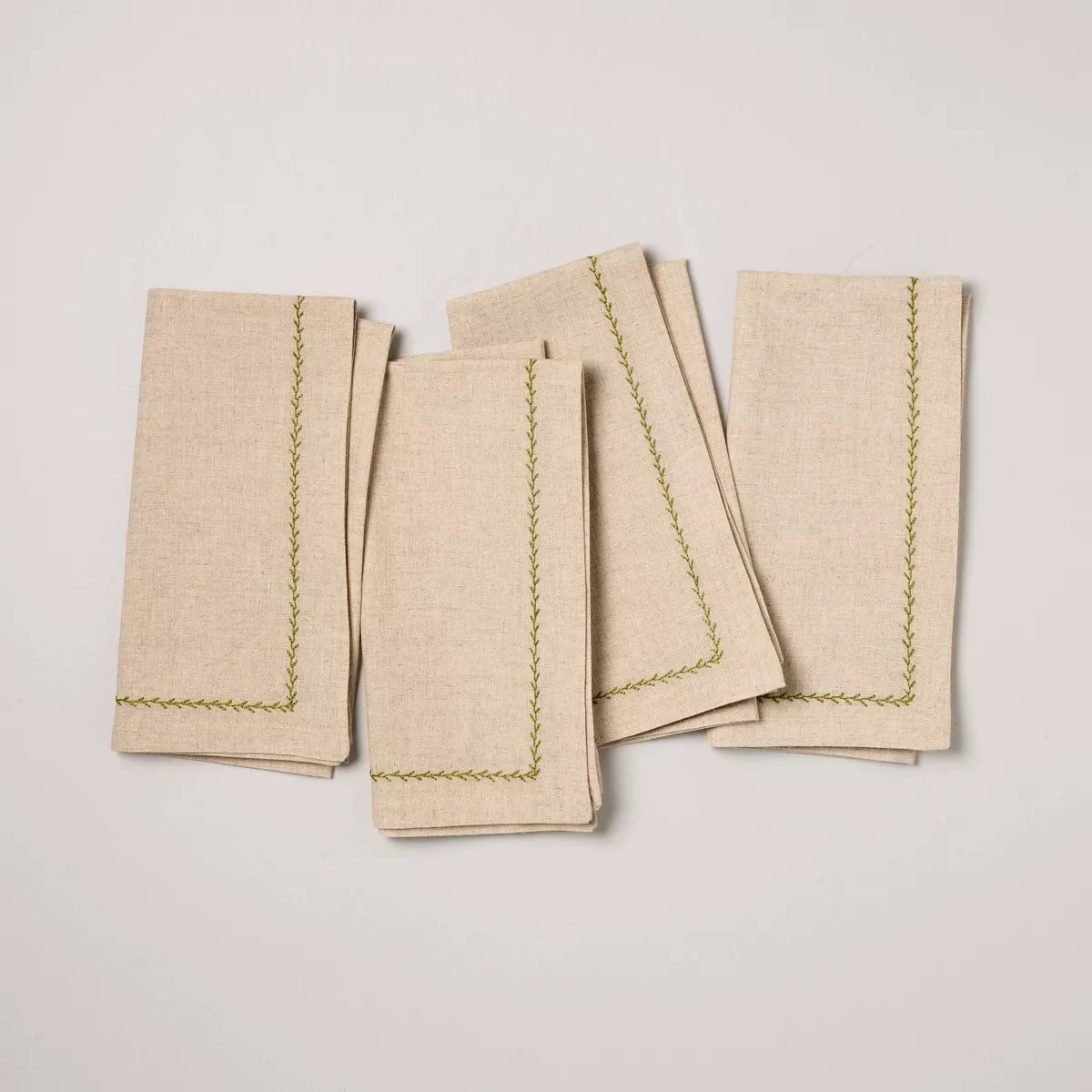 Set of 4 Embroidered Border Cloth Napkins Natural/Green - Hearth & Hand™ with Magnolia | Target